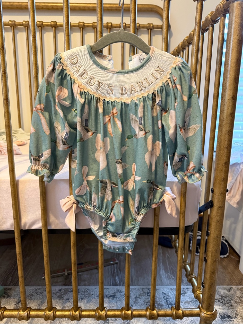 Daddy's Darlin Teal Floral & Duck Smocked Baby One-Piece